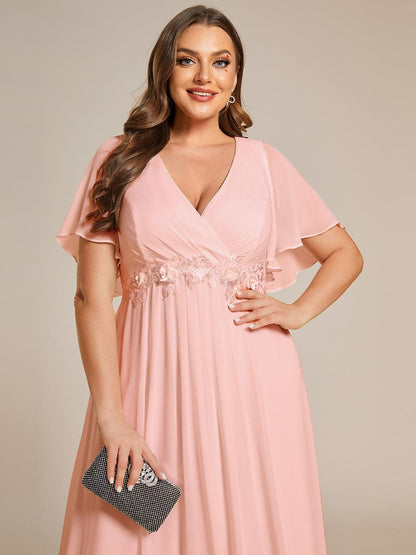 Plus Size Floral Applique Short Sleeve A-Line Chiffon Evening Dress #color_Pink