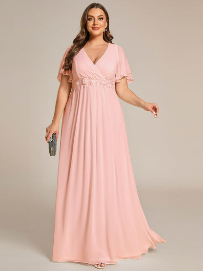 Plus Size Floral Applique Short Sleeve A-Line Chiffon Evening Dress #color_Pink