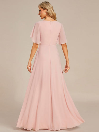 Ruffles Sleeve A-Line Chiffon Waist Applique Maxi Evening Dress #color_Pink