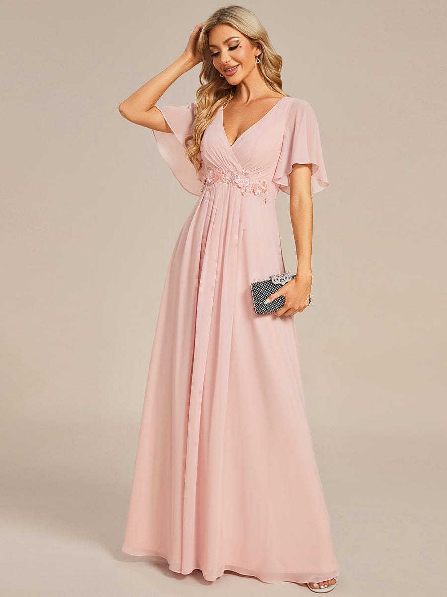 Ruffles Sleeve A-Line Chiffon Waist Applique Maxi Evening Dress #color_Pink