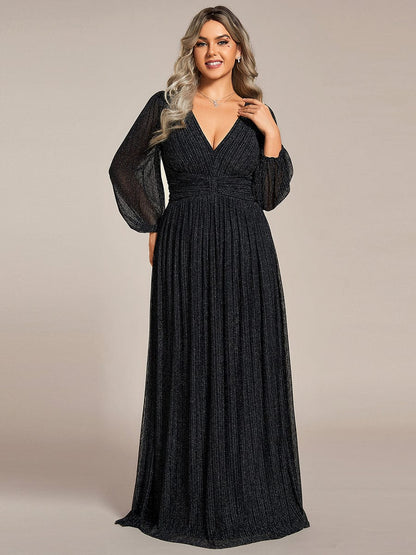 Glittery Empire Waist Long Lantern Sleeves A-Line Evening Dress #color_Black