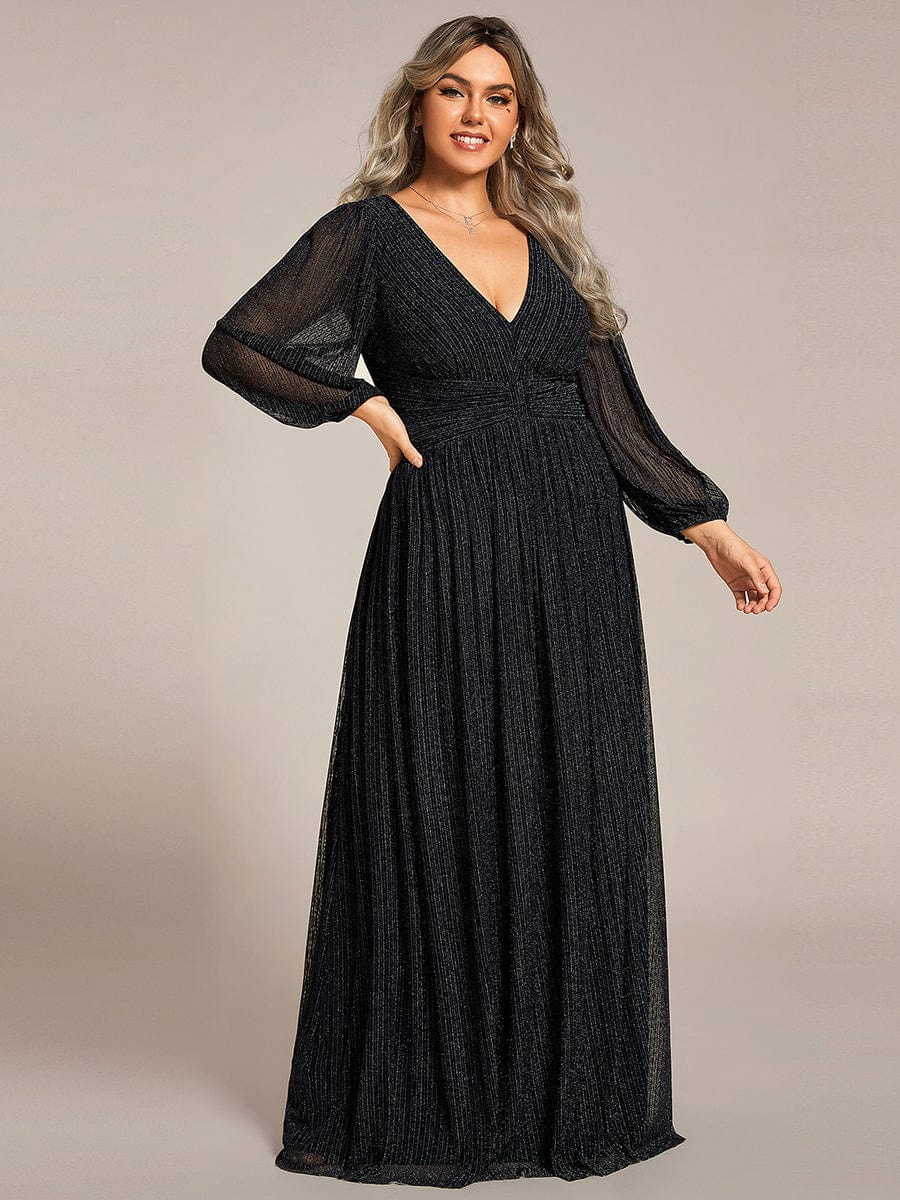 Plus Size Dazzling Empire Waist See-Through Long Sleeves A-Line Evening Dress #color_Black