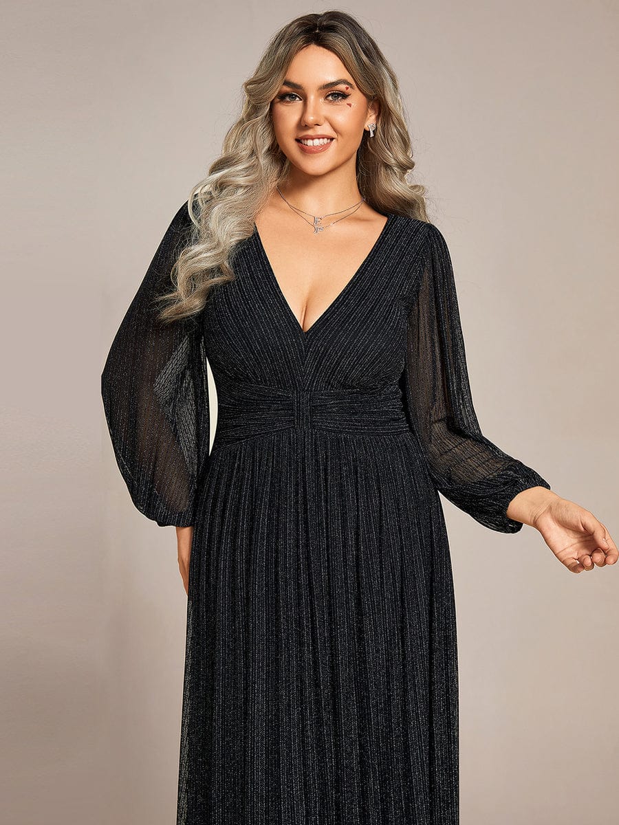 Glittery Empire Waist Long Lantern Sleeves A-Line Evening Dress #color_Black