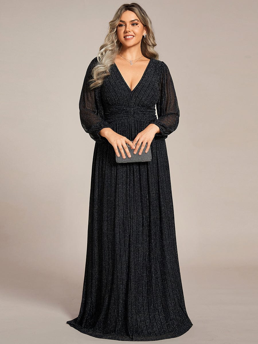 Plus Size Dazzling Empire Waist See-Through Long Sleeves A-Line Evening Dress #color_Black