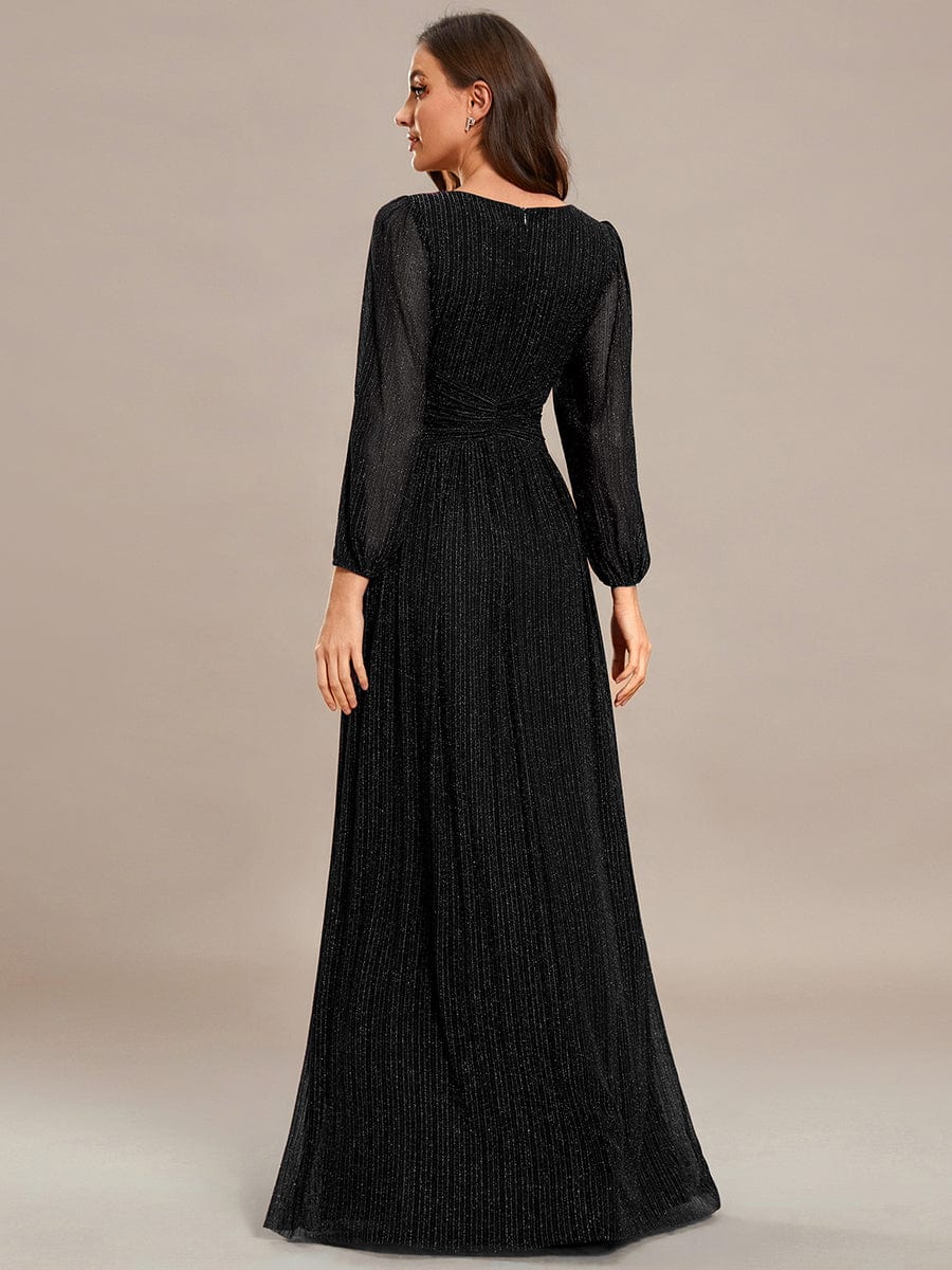 Glittery Empire Waist Long Lantern Sleeves A-Line Evening Dress #color_Black