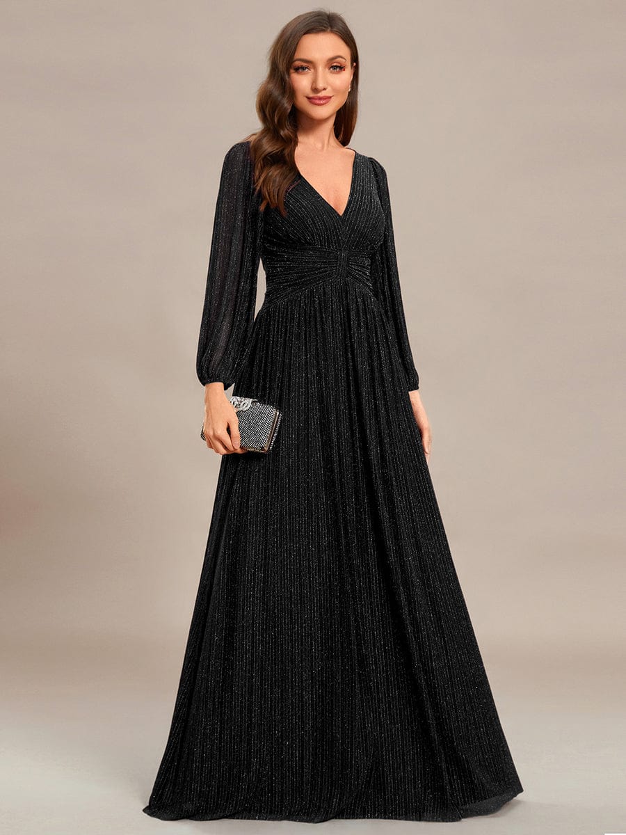 Glittery Empire Waist Long Lantern Sleeves A-Line Evening Dress #color_Black