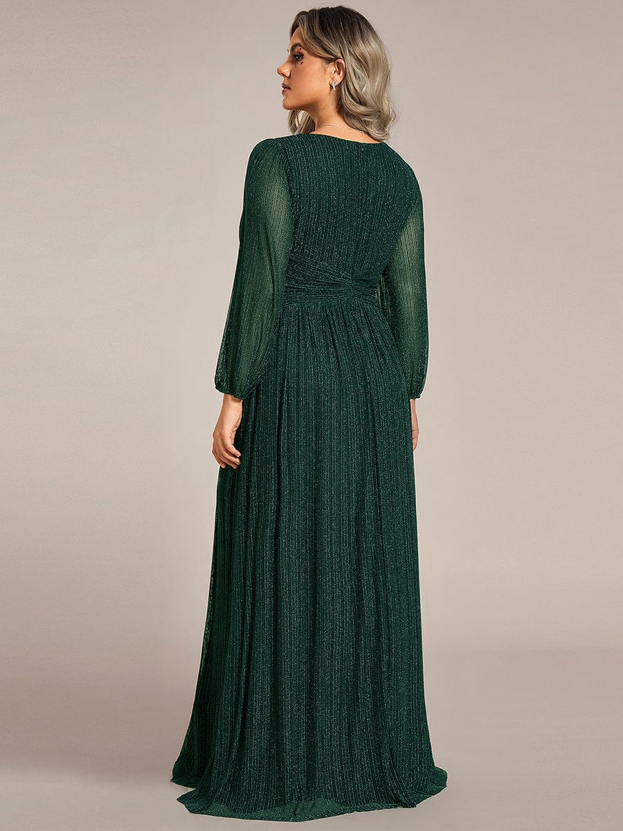 Glittery Empire Waist Long Lantern Sleeves A-Line Evening Dress #color_Dark Green