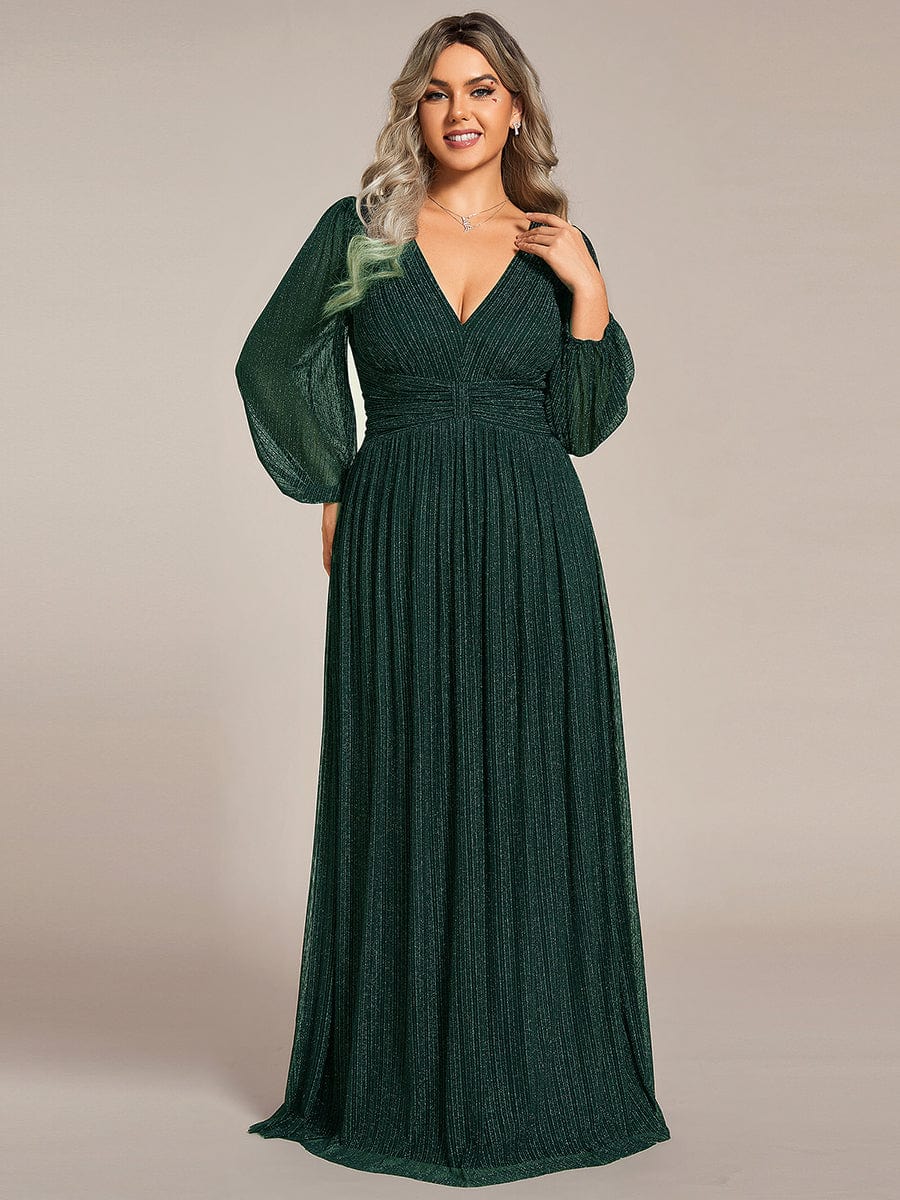 Plus Size Dazzling Empire Waist See-Through Long Sleeves A-Line Evening Dress #color_Dark Green