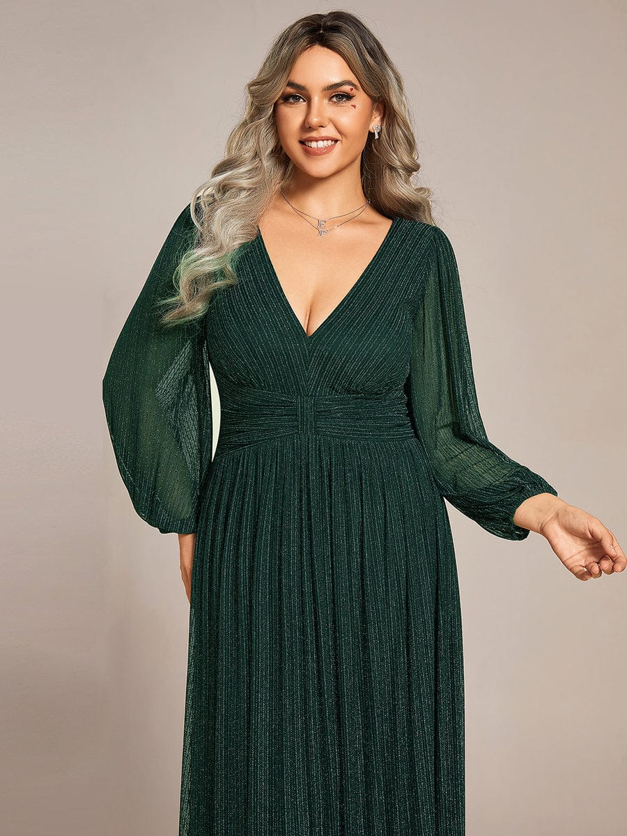 Plus Size Dazzling Empire Waist See-Through Long Sleeves A-Line Evening Dress #color_Dark Green