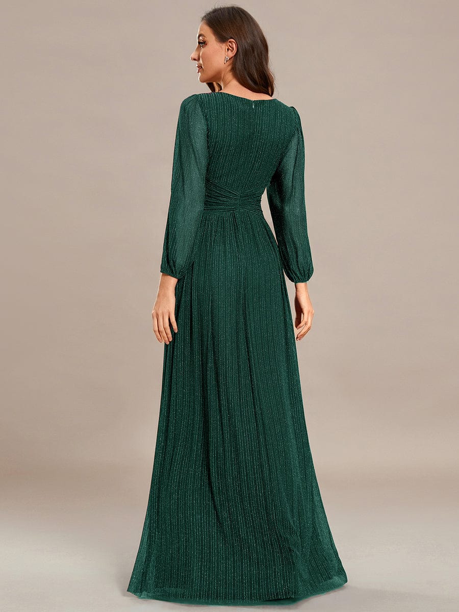 Glittery Empire Waist Long Lantern Sleeves A-Line Evening Dress #color_Dark Green