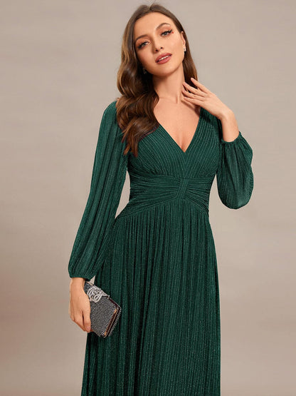 Glittery Empire Waist Long Lantern Sleeves A-Line Evening Dress #color_Dark Green