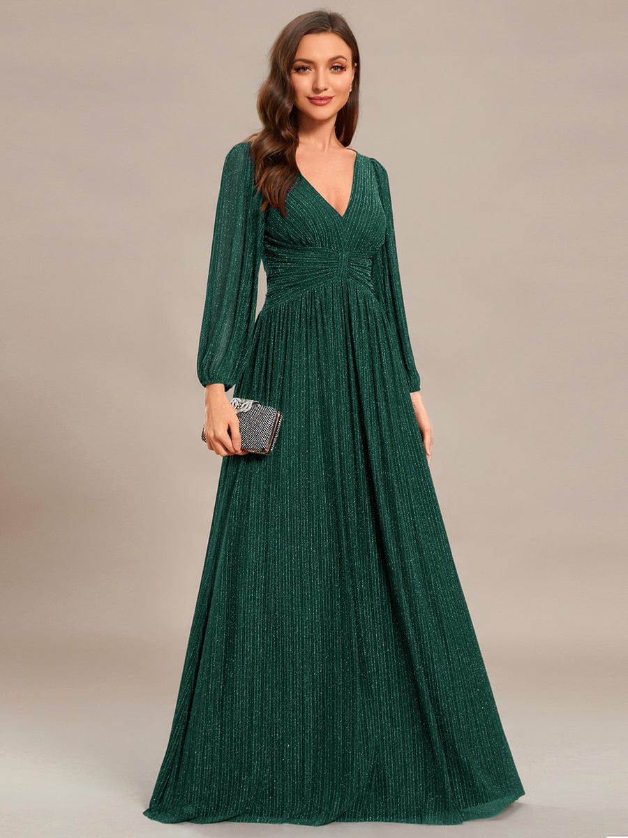 Glittery Empire Waist Long Lantern Sleeves A-Line Evening Dress #color_Dark Green