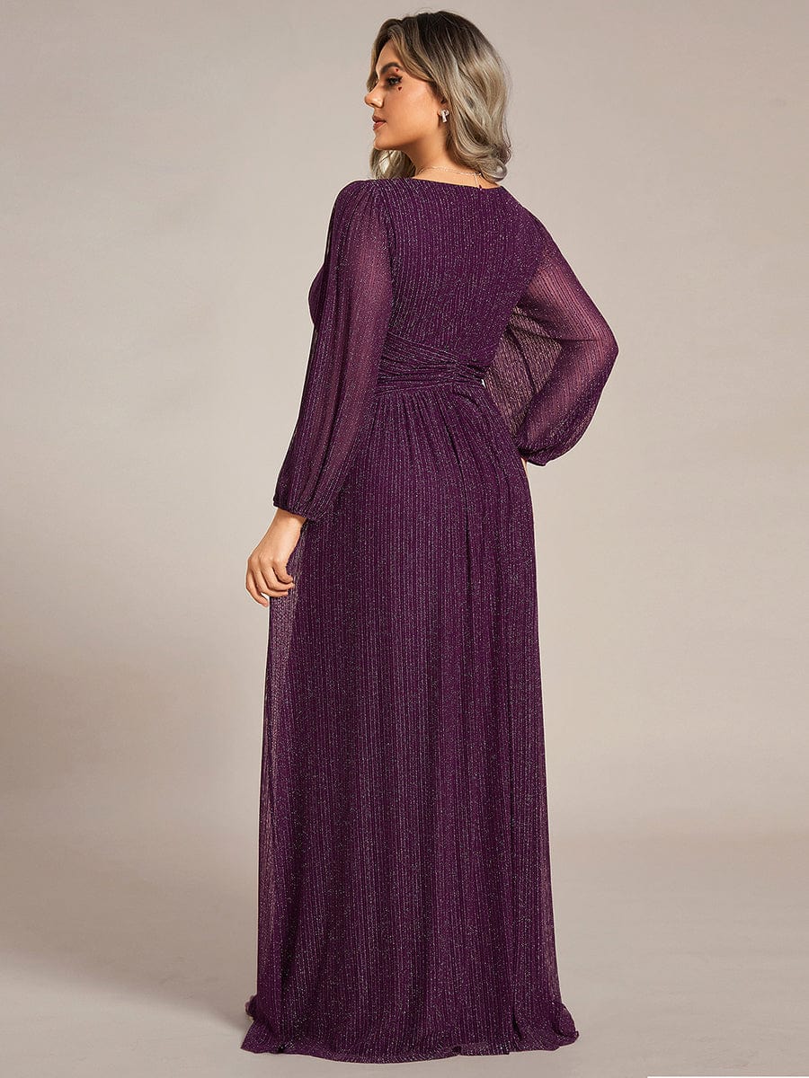 Glittery Empire Waist Long Lantern Sleeves A-Line Evening Dress #color_Purple Wisteria