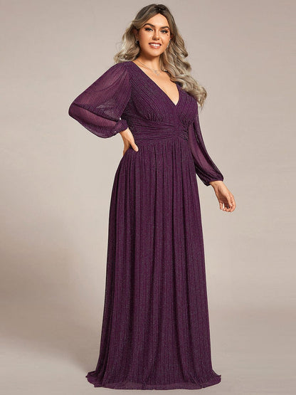 Plus Size Dazzling Empire Waist See-Through Long Sleeves A-Line Evening Dress #color_Purple Wisteria