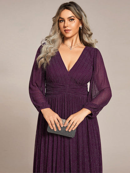 Plus Size Dazzling Empire Waist See-Through Long Sleeves A-Line Evening Dress #color_Purple Wisteria