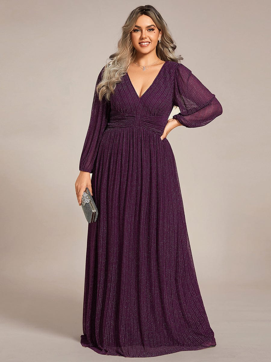 Glittery Empire Waist Long Lantern Sleeves A-Line Evening Dress #color_Purple Wisteria