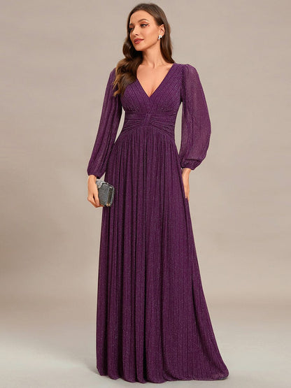 Glittery Empire Waist Long Lantern Sleeves A-Line Evening Dress #color_Purple Wisteria