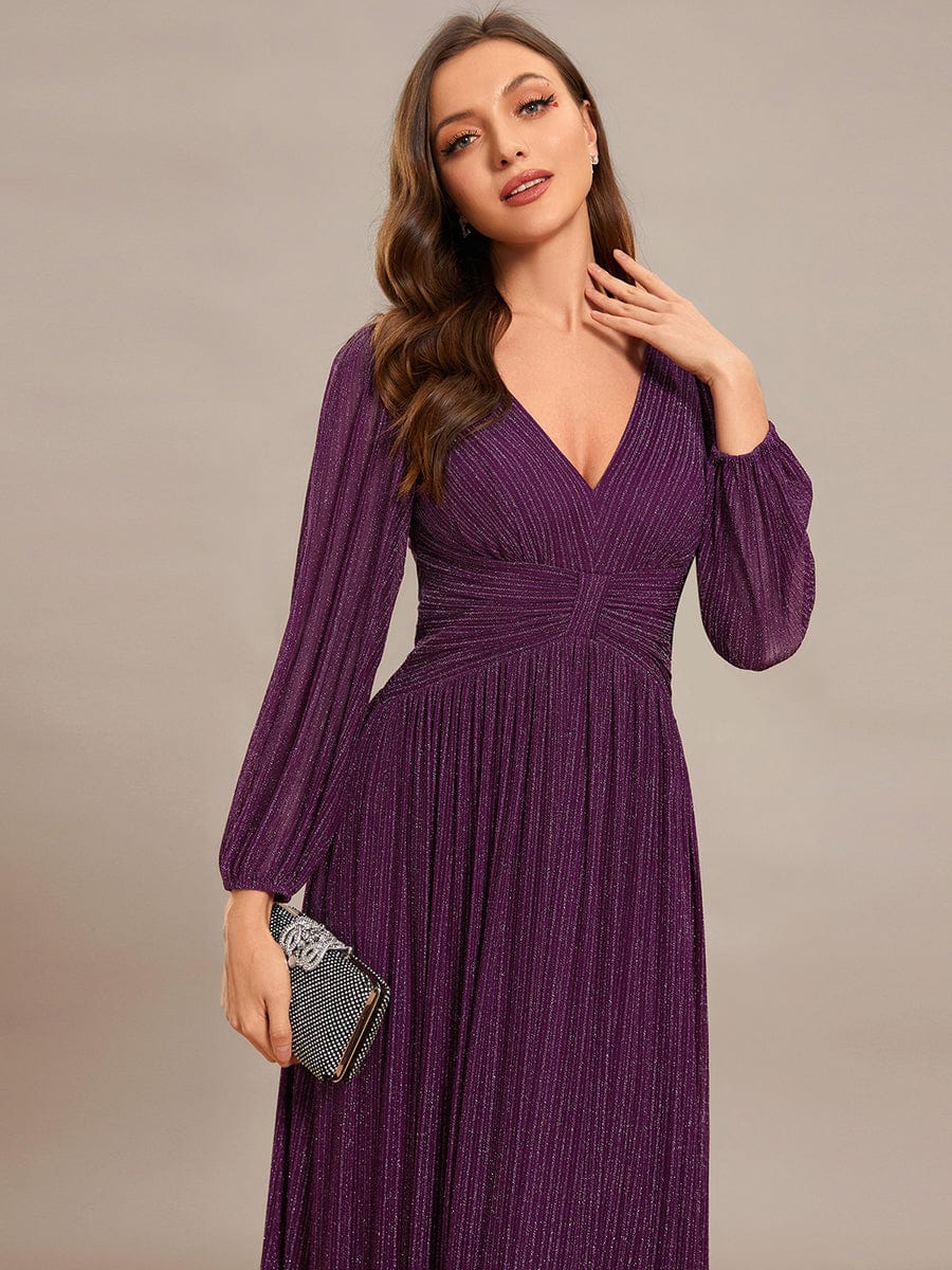 Glittery Empire Waist Long Lantern Sleeves A-Line Evening Dress #color_Purple Wisteria