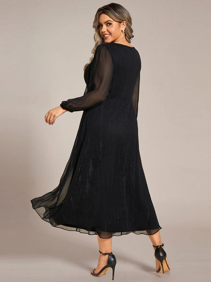 See-Through Long Sleeve Twist Knot A-Line Lotus Leaf Shimmering Evening Dress #color_Black