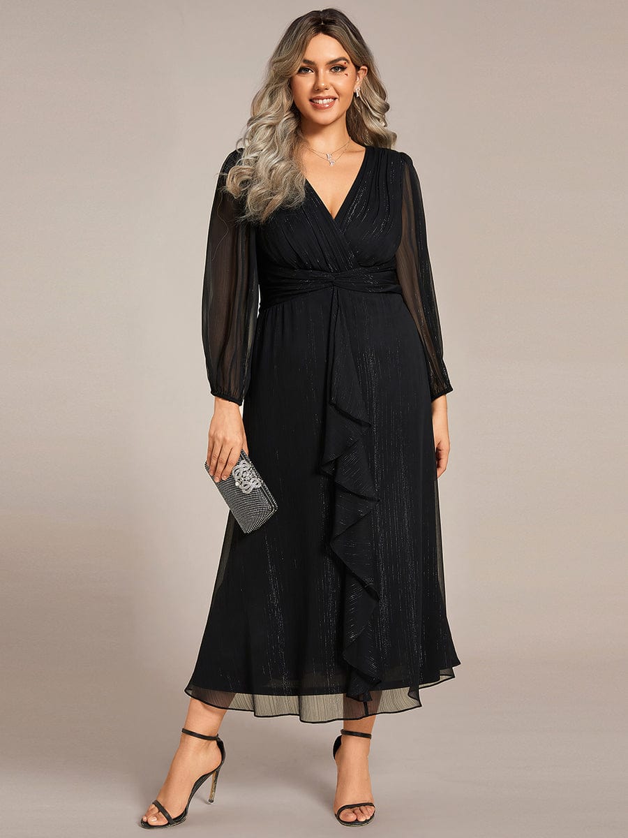 See-Through Long Sleeve Twist Knot A-Line Lotus Leaf Shimmering Evening Dress #color_Black