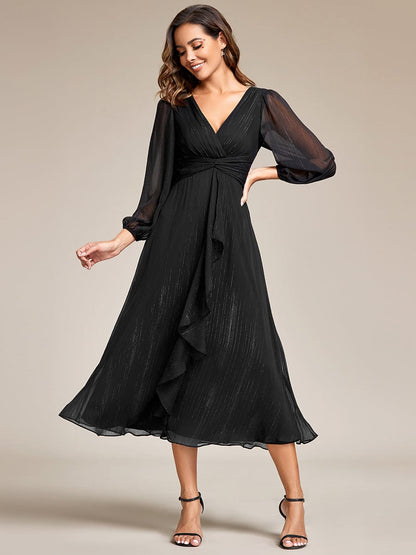 See-Through Long Sleeve Twist Knot A-Line Lotus Leaf Shimmering Evening Dress #color_Black