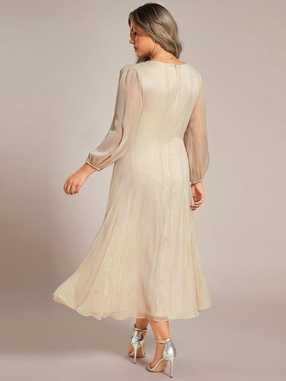 See-Through Long Sleeve Twist Knot A-Line Lotus Leaf Shimmering Evening Dress #color_Champagne