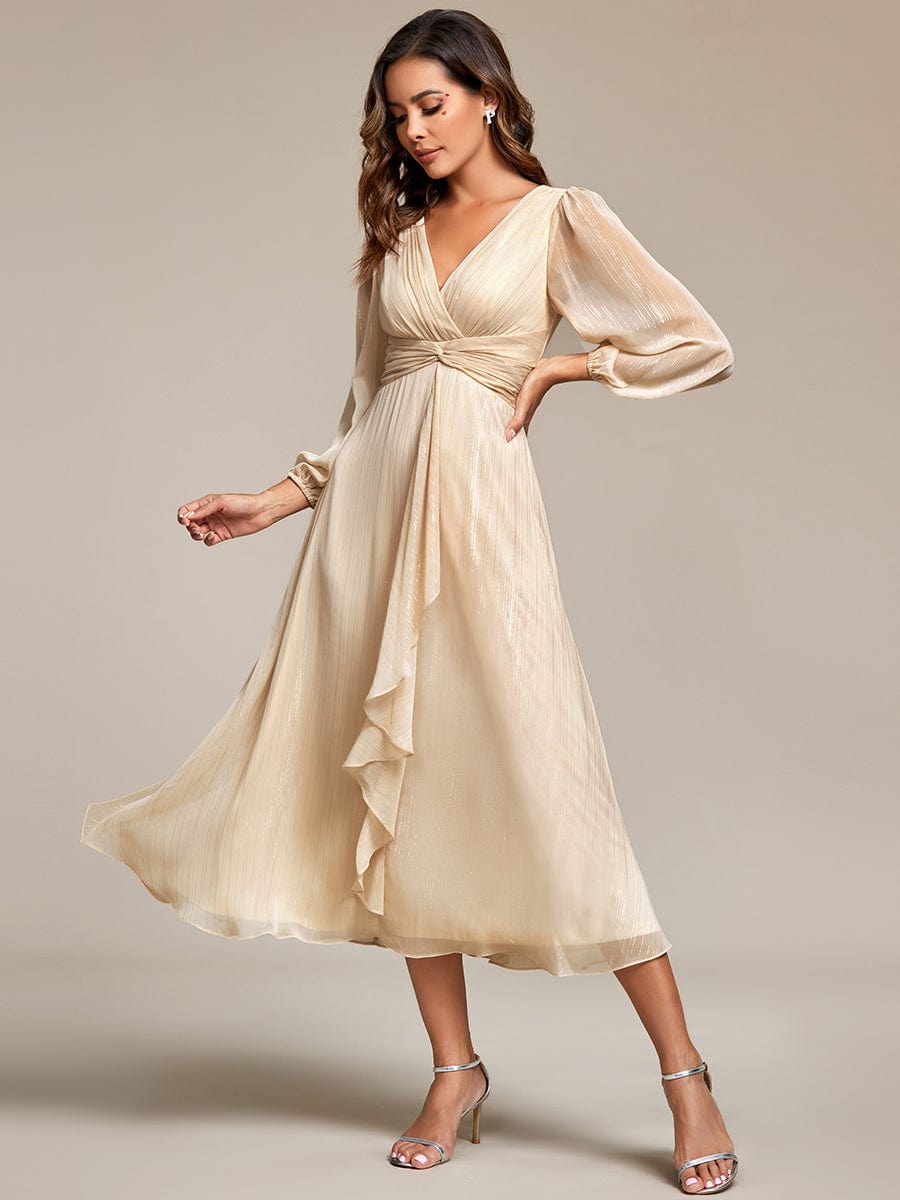 See-Through Long Sleeve Twist Knot A-Line Lotus Leaf Shimmering Evening Dress #color_Champagne