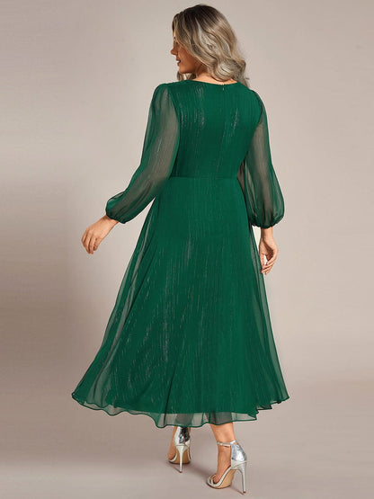 See-Through Long Sleeve Twist Knot A-Line Lotus Leaf Shimmering Evening Dress #color_Dark Green