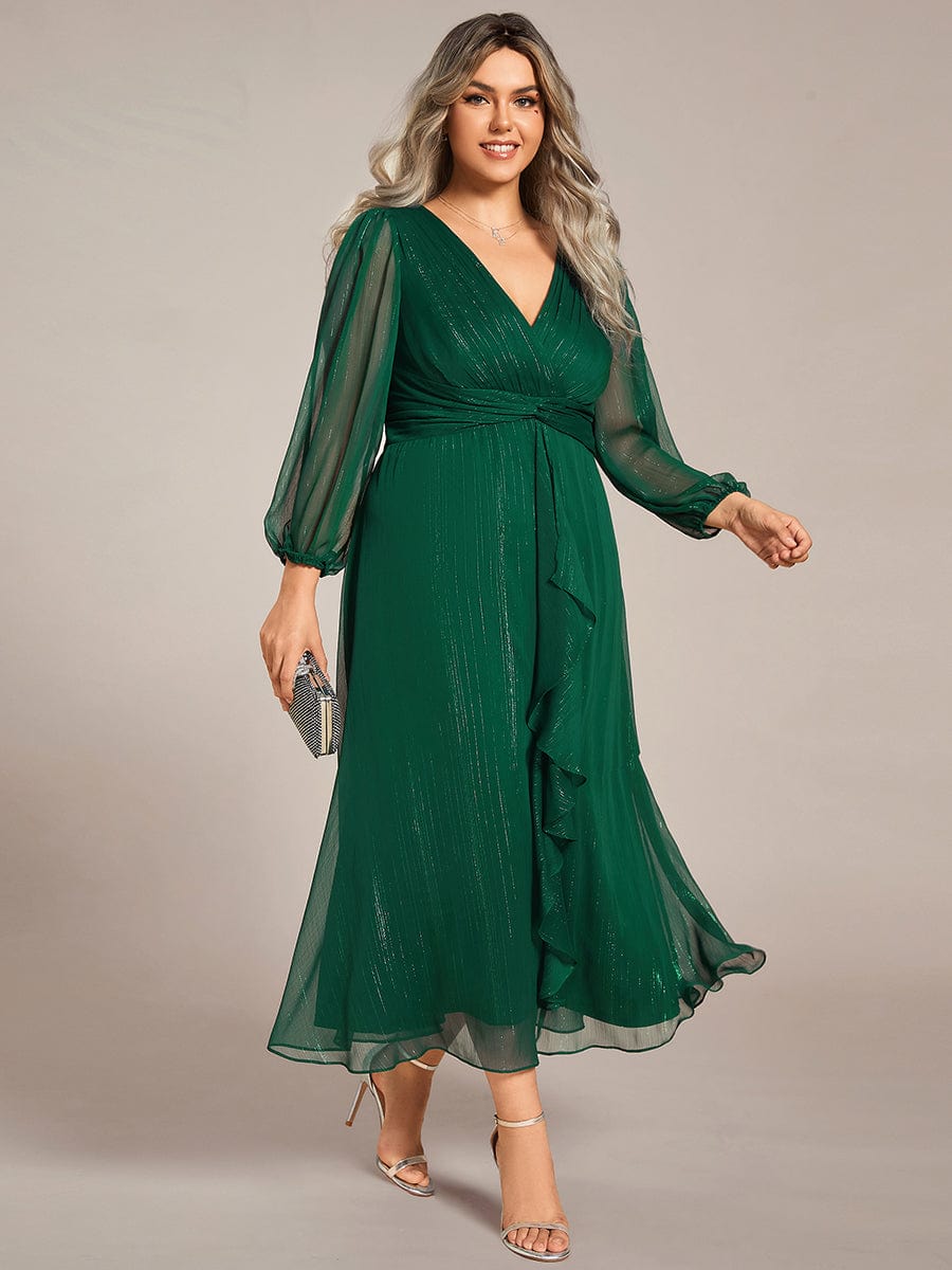 See-Through Long Sleeve Twist Knot A-Line Lotus Leaf Shimmering Evening Dress #color_Dark Green