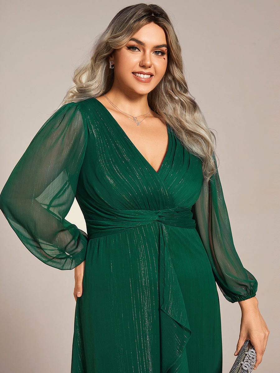 See-Through Long Sleeve Twist Knot A-Line Lotus Leaf Shimmering Evening Dress #color_Dark Green