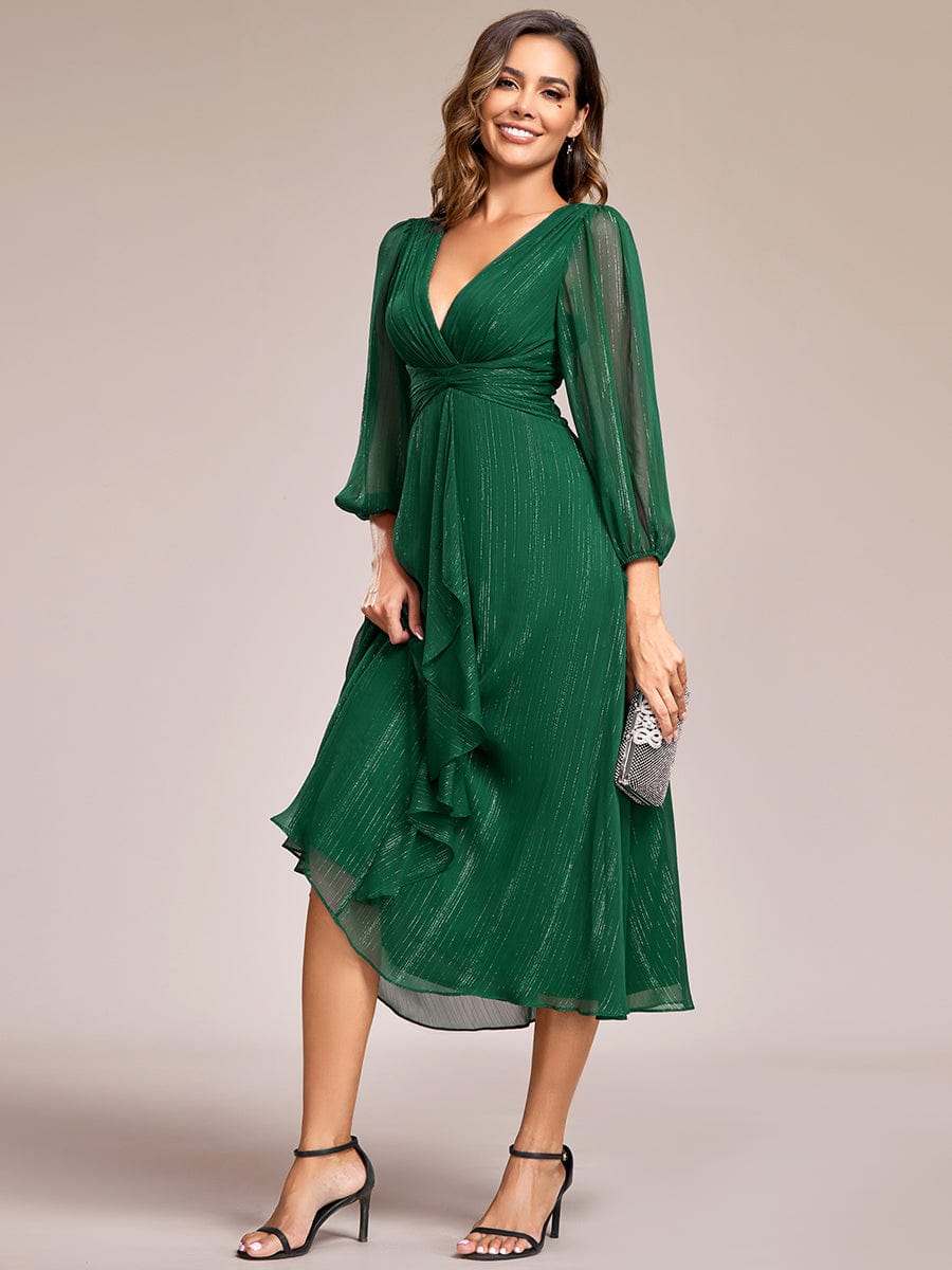 See-Through Long Sleeve Twist Knot A-Line Lotus Leaf Shimmering Evening Dress #color_Dark Green