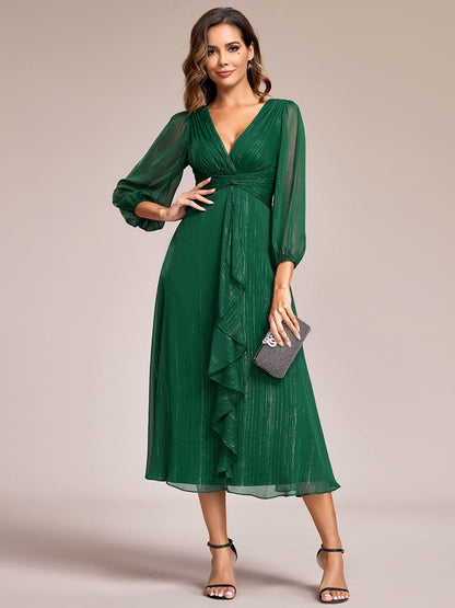 See-Through Long Sleeve Twist Knot A-Line Lotus Leaf Shimmering Evening Dress #color_Dark Green