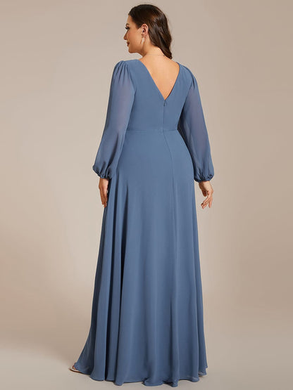 Pleated Double V-Neck Long Sleeves Shiny Belt Chiffon Evening Dress #color_Dusty Navy