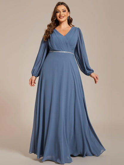 Plus Size A-Line V-Neck See-Through Long Sleeves Shiny Belt Chiffon Evening Dress #color_Dusty Navy