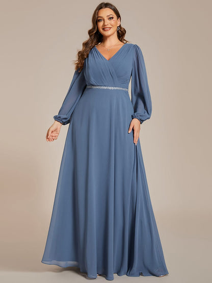 Plus Size A-Line V-Neck See-Through Long Sleeves Shiny Belt Chiffon Evening Dress #color_Dusty Navy