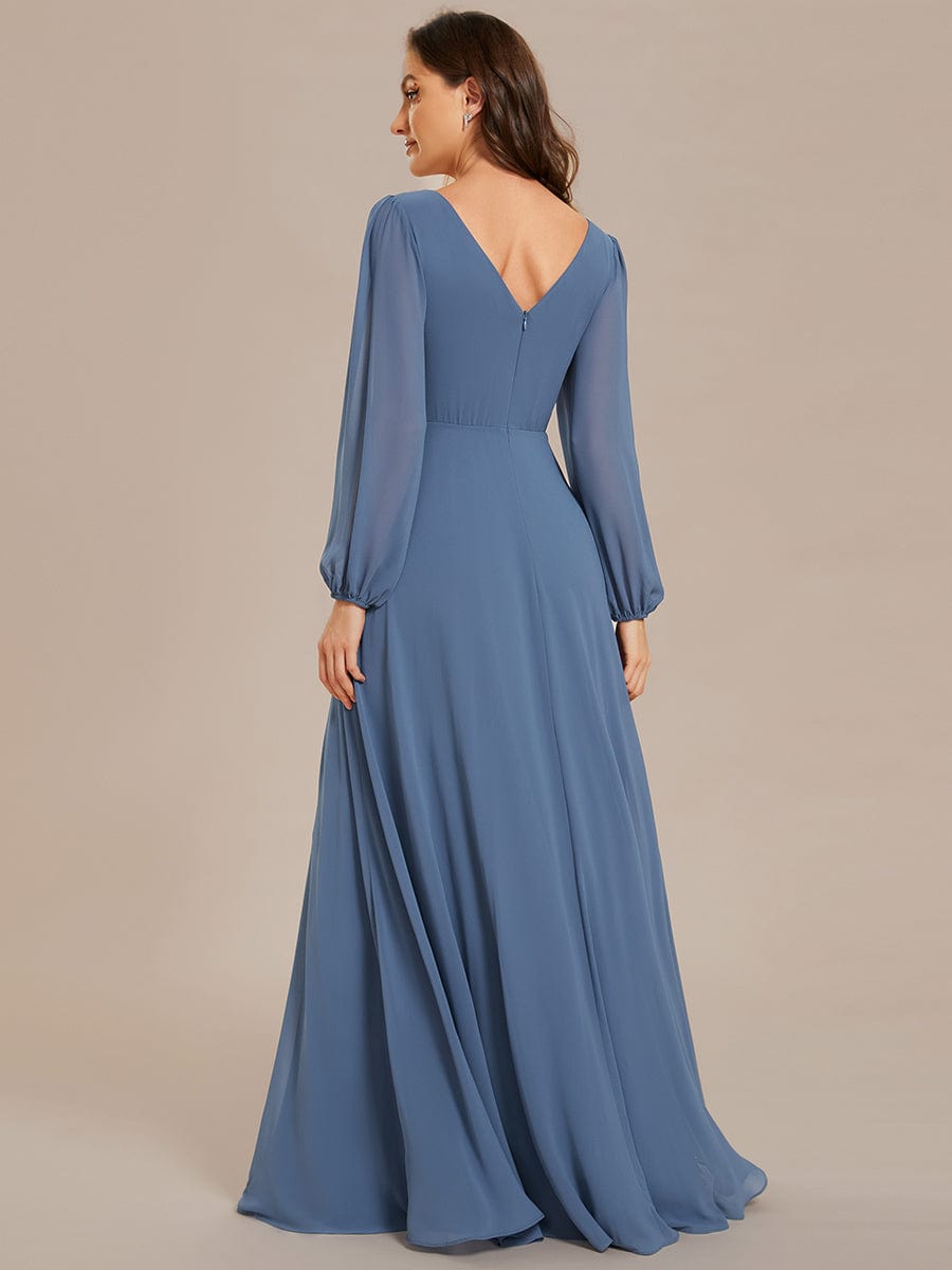 Pleated Double V-Neck Long Sleeves Shiny Belt Chiffon Evening Dress #color_Dusty Navy