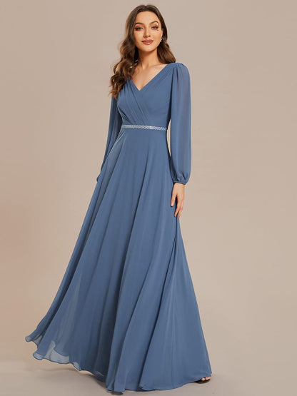 Pleated Double V-Neck Long Sleeves Shiny Belt Chiffon Evening Dress #color_Dusty Navy