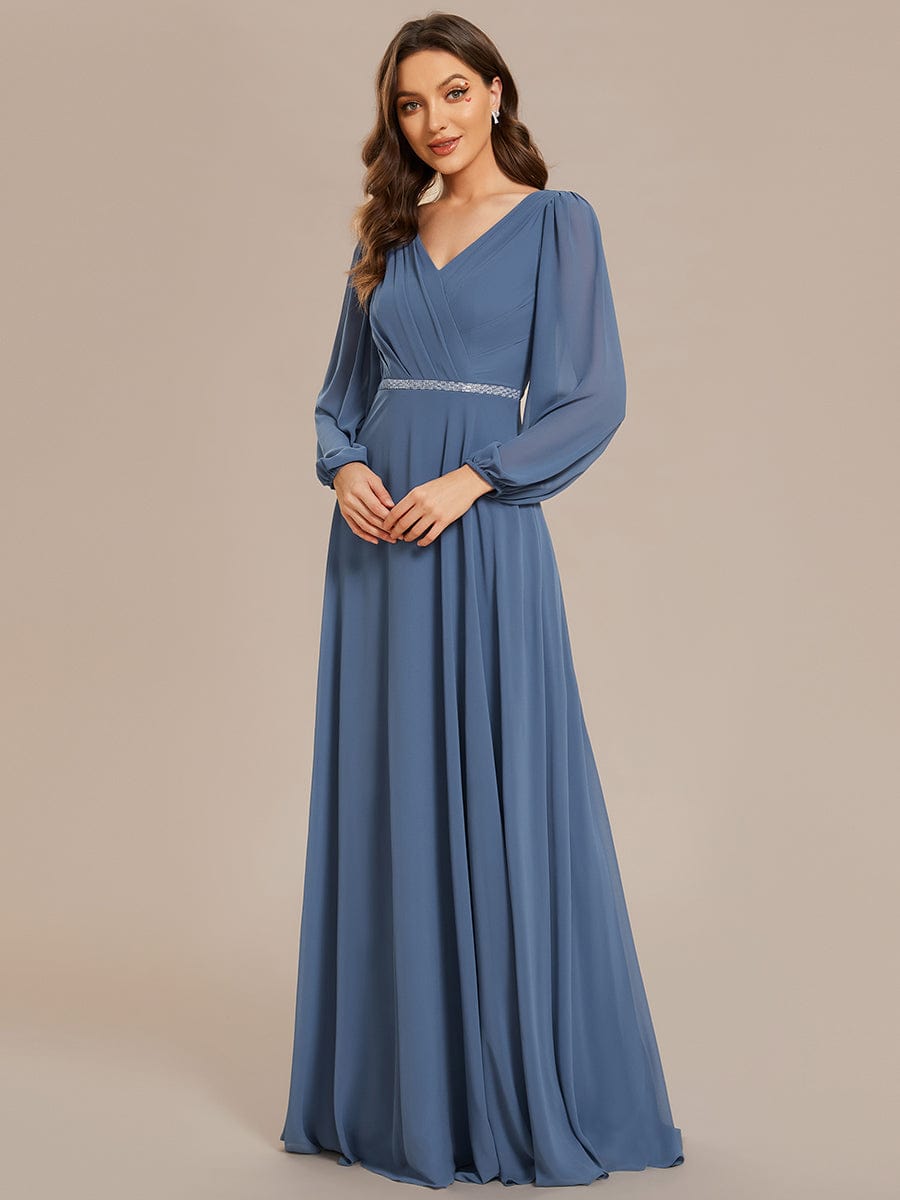 Pleated Double V-Neck Long Sleeves Shiny Belt Chiffon Evening Dress #color_Dusty Navy