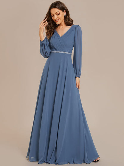 Pleated Double V-Neck Long Sleeves Shiny Belt Chiffon Evening Dress #color_Dusty Navy