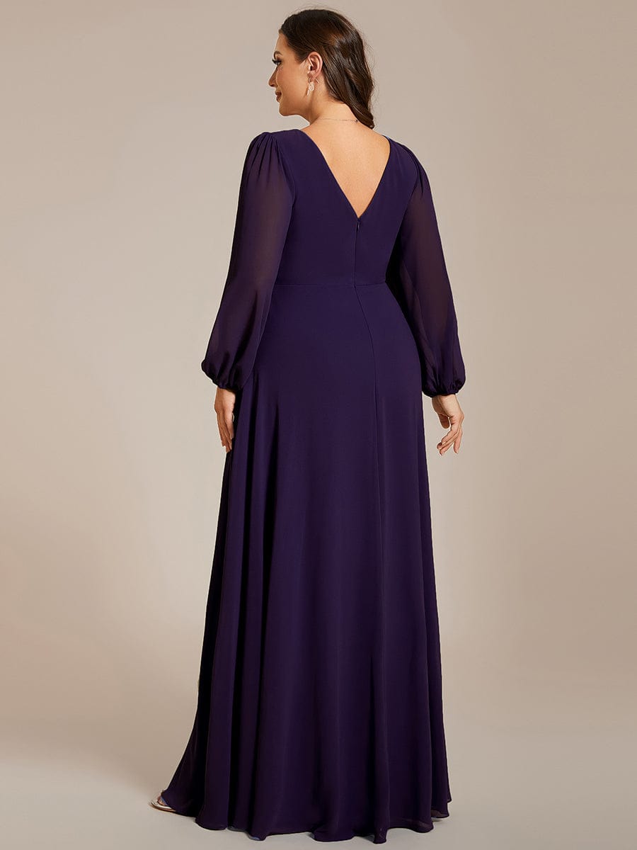 Plus Size A-Line V-Neck See-Through Long Sleeves Shiny Belt Chiffon Evening Dress #color_Dark Purple