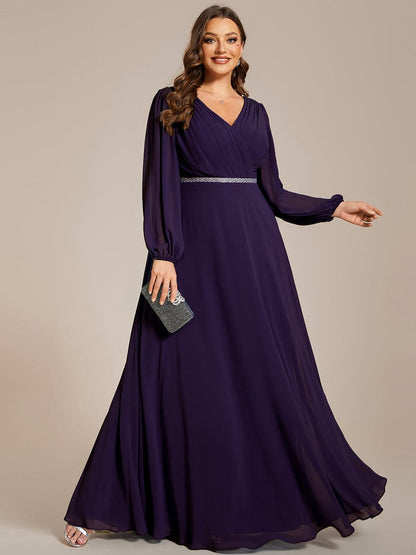 Plus Size A-Line V-Neck See-Through Long Sleeves Shiny Belt Chiffon Evening Dress #color_Dark Purple