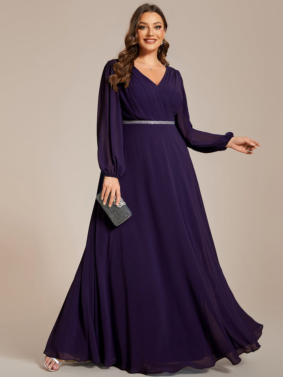 Pleated Double V-Neck Long Sleeves Shiny Belt Chiffon Evening Dress #color_Dark Purple