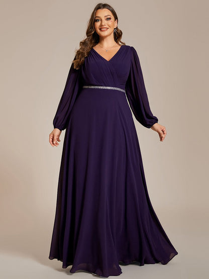 Plus Size A-Line V-Neck See-Through Long Sleeves Shiny Belt Chiffon Evening Dress #color_Dark Purple