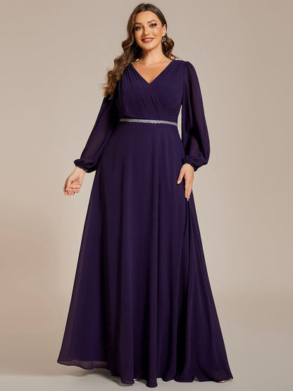 Plus Size A-Line V-Neck See-Through Long Sleeves Shiny Belt Chiffon Evening Dress #color_Dark Purple