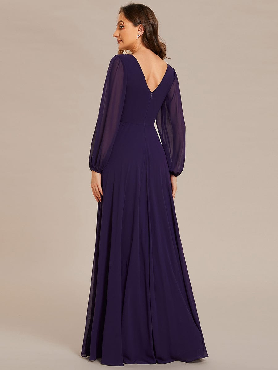 Pleated Double V-Neck Long Sleeves Shiny Belt Chiffon Evening Dress #color_Dark Purple