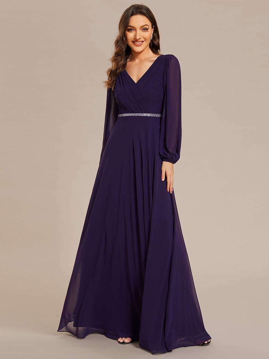 Pleated Double V-Neck Long Sleeves Shiny Belt Chiffon Evening Dress #color_Dark Purple