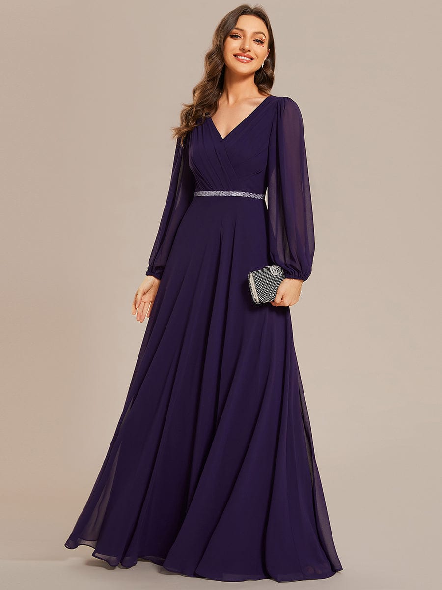 Pleated Double V-Neck Long Sleeves Shiny Belt Chiffon Evening Dress #color_Dark Purple