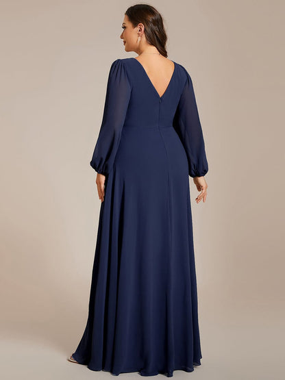 Pleated Double V-Neck Long Sleeves Shiny Belt Chiffon Evening Dress #color_Navy Blue