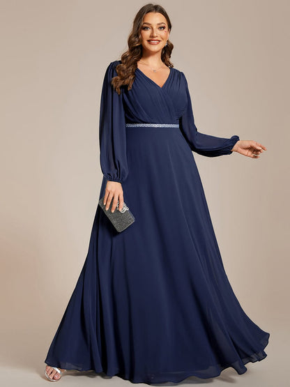 Plus Size A-Line V-Neck See-Through Long Sleeves Shiny Belt Chiffon Evening Dress #color_Navy Blue