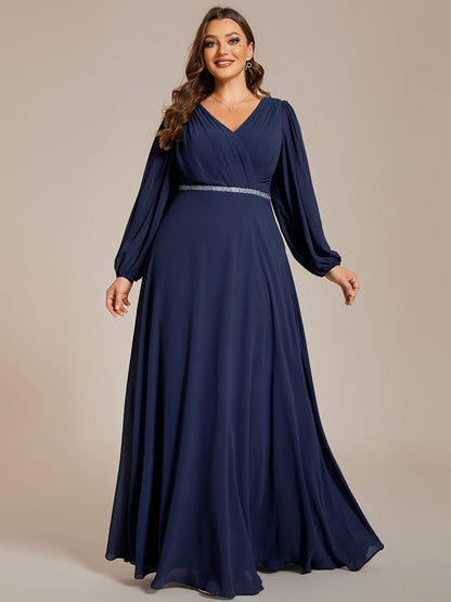 Plus Size A-Line V-Neck See-Through Long Sleeves Shiny Belt Chiffon Evening Dress #color_Navy Blue